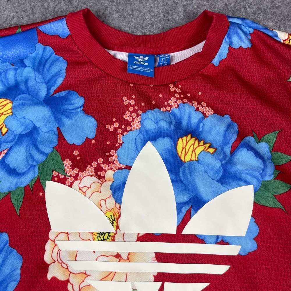 Adidas Originals Women Red Floral Peony Trefoil Sweatshirt BJ8415 Size Medium - Picture 3 of 10